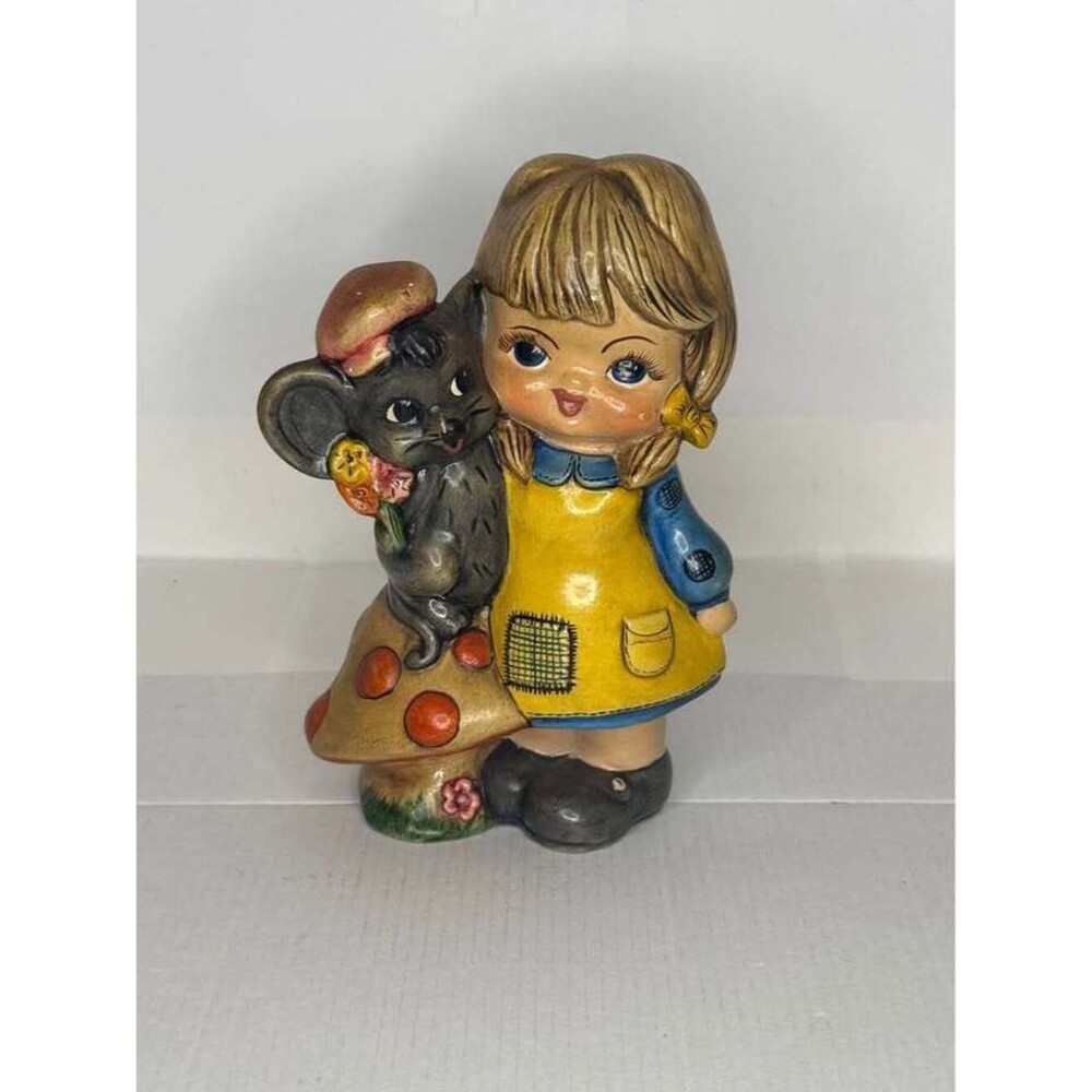 Vintage Ceramic Girl and Mouse Figurine